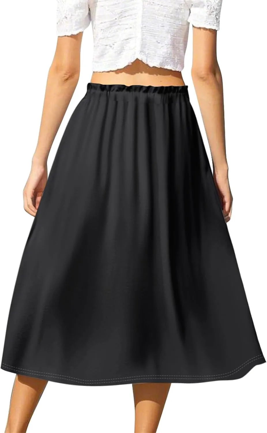 GOFULY Midi Skirts for Women Boho Summer Floral Print A Line Knee Skirt Drawstring Elastic High Waist Pleated Skirt