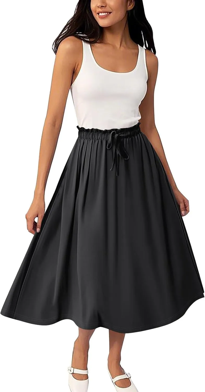 GOFULY Midi Skirts for Women Boho Summer Floral Print A Line Knee Skirt Drawstring Elastic High Waist Pleated Skirt