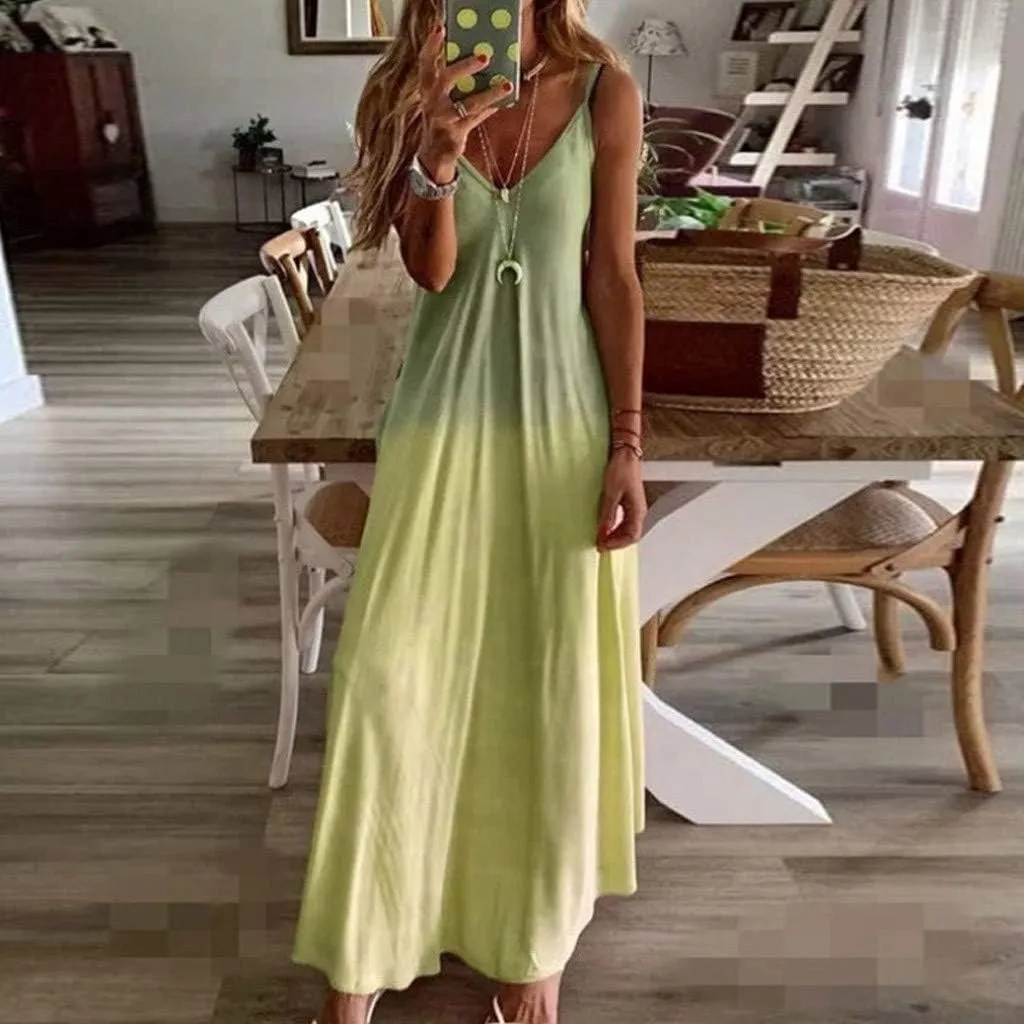 GOKKILRW Sundresses for Women Casual Beach 2024 Elegant V Neck Spaghetti Strap Sleeveless Loose Vacation Summer Maxi Dress