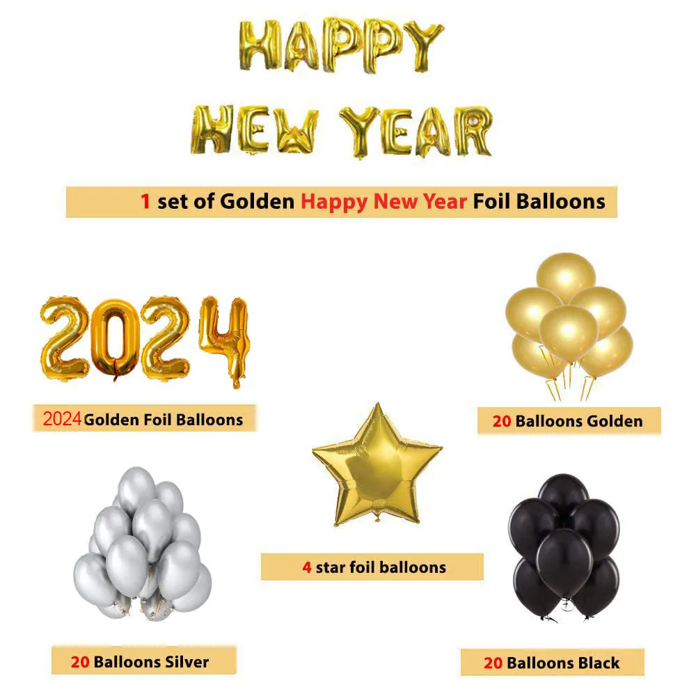 Golden Happy New Year 2024 Foil Balloon Kit DIY Decoration Party Kit - 81 Pcs