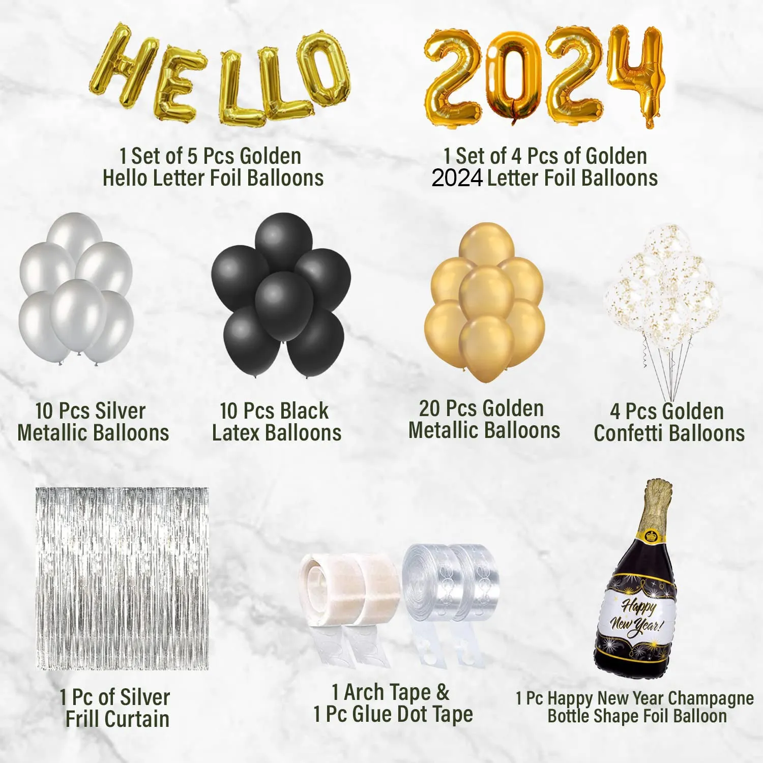 Golden Happy New Year 2024 Foil Balloon Kit - Pack of 57 Pcs - DIY Decoration Party Kit Party Supplies Make The Event Unforgettable and Absolutely Memorable