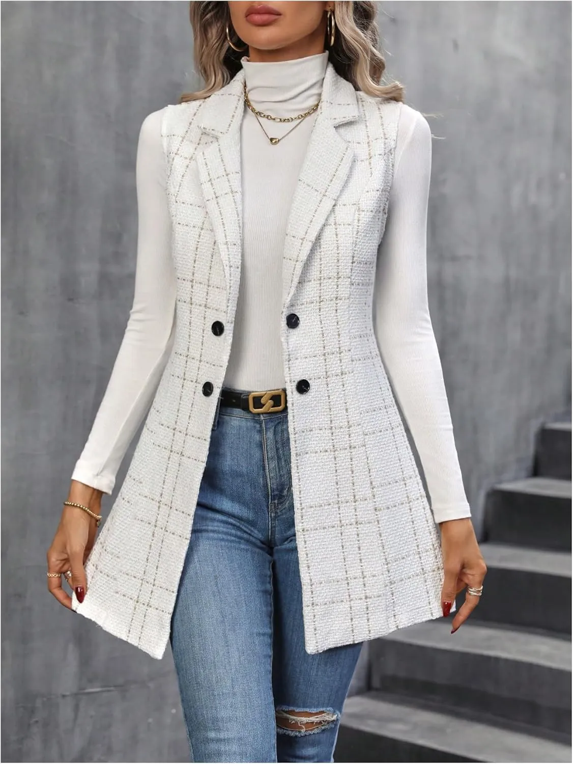GORGLITTER Women's Plaid Sleeveless Long Vest Cardigan Business Casual Work Fall Blazers Outfits For Women 2024