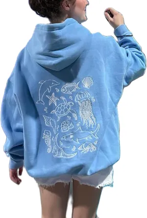 Graphic Hoodies Women Y2k Oversized Sweatshirt Long Sleeve Pullover Sweater Cute Hooded Preppy Top Aesthetic Shirts (Blue Sea Animal, S)
