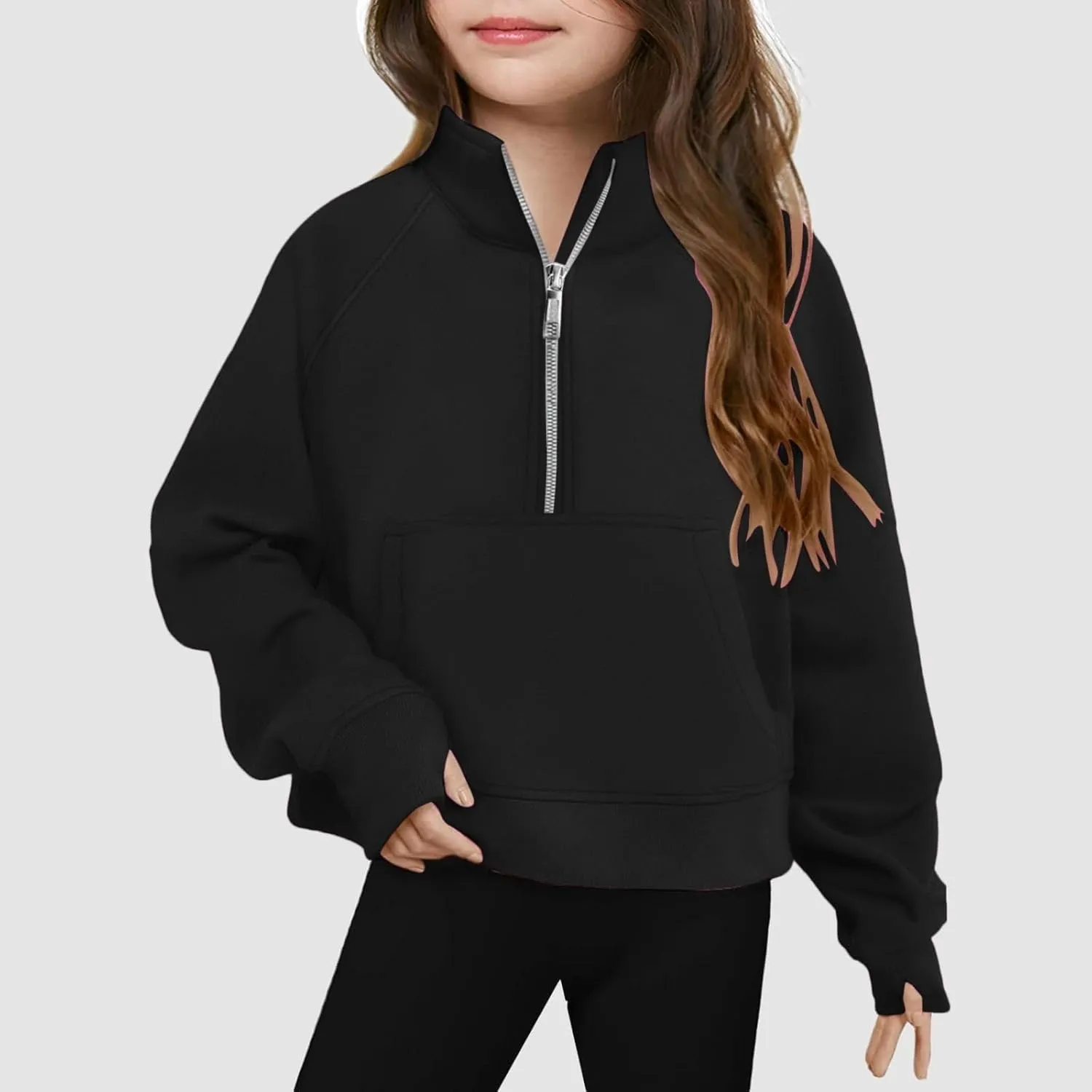 Half Zip Crop Sweatshirt for Girls Long Sleeve Pullover Tops Kids Lightweight Fleece Winter Cozy Athletic Clothes