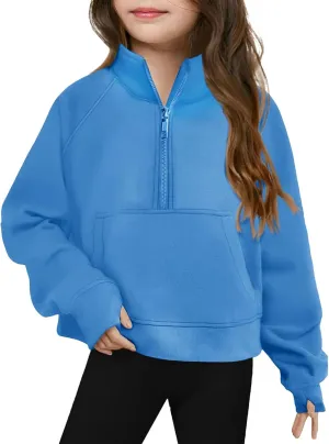 Half Zip Crop Sweatshirt for Girls Long Sleeve Pullover Tops Kids Lightweight Fleece Winter Cozy Athletic Clothes