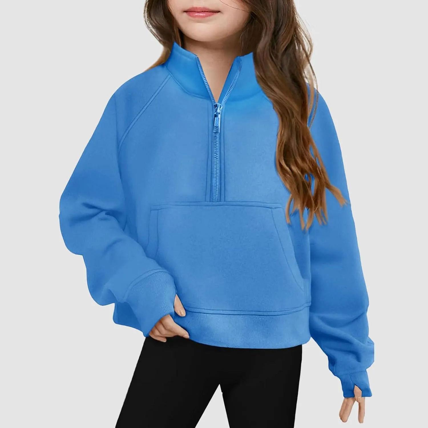 Half Zip Crop Sweatshirt for Girls Long Sleeve Pullover Tops Kids Lightweight Fleece Winter Cozy Athletic Clothes