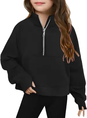 Half Zip Crop Sweatshirt for Girls Long Sleeve Pullover Tops Kids Lightweight Fleece Winter Cozy Athletic Clothes
