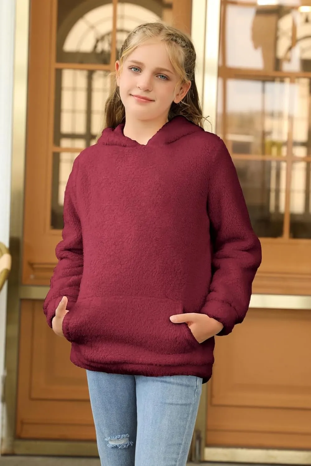 Haloumoning Girls Fuzzy Fleece Pullover Hoodies Sweatshirt Casual Loose Outwear Coat with Pockets 4-15 Years