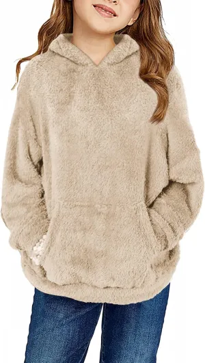 Haloumoning Girls Fuzzy Fleece Pullover Hoodies Sweatshirt Casual Loose Outwear Coat with Pockets 4-15 Years