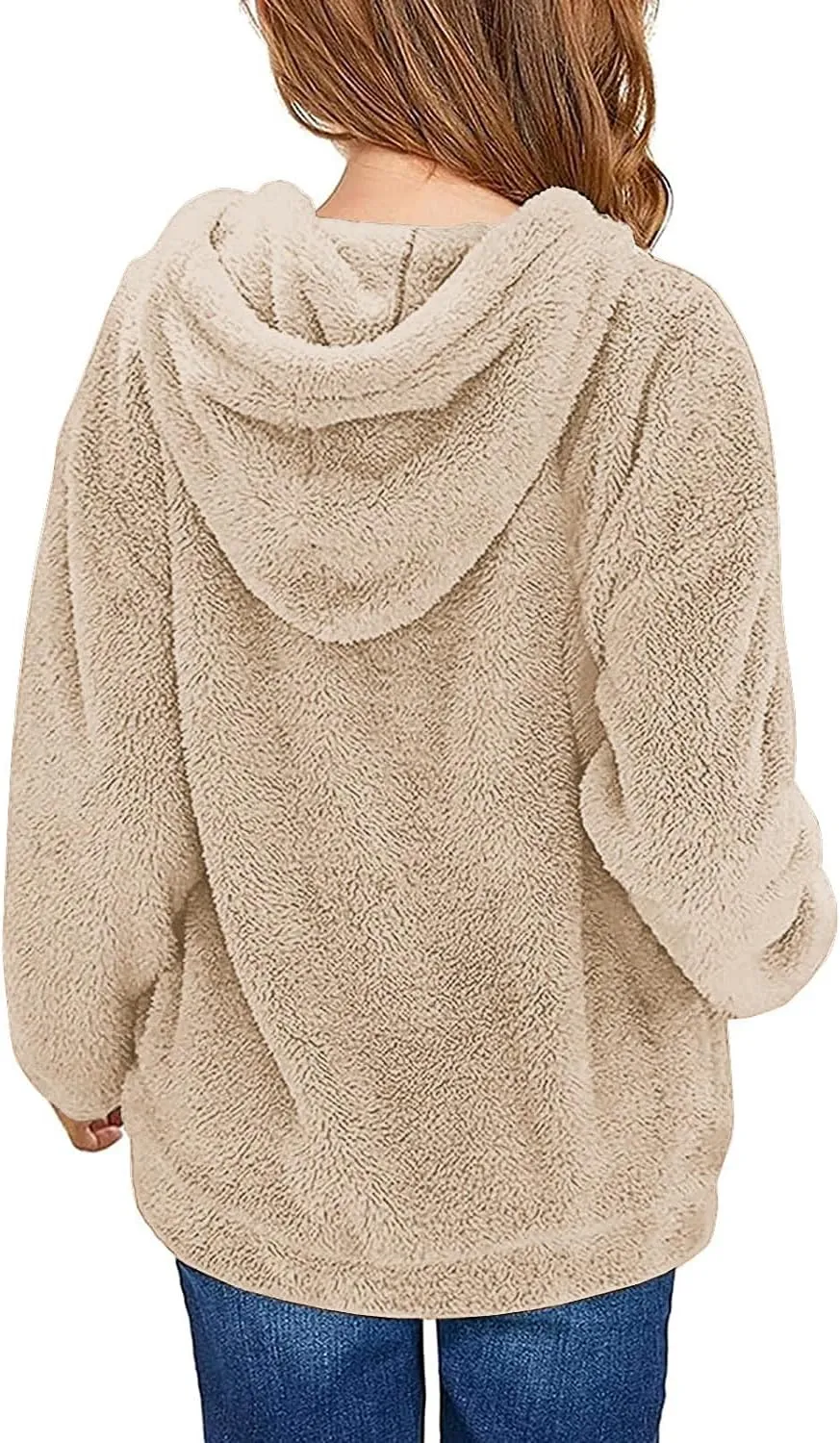 Haloumoning Girls Fuzzy Fleece Pullover Hoodies Sweatshirt Casual Loose Outwear Coat with Pockets 4-15 Years
