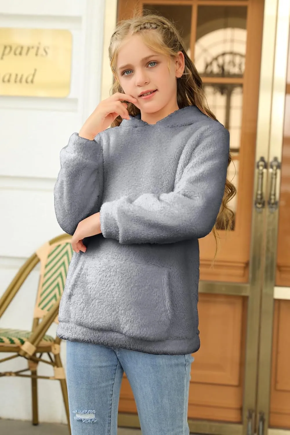 Haloumoning Girls Fuzzy Fleece Pullover Hoodies Sweatshirt Casual Loose Outwear Coat with Pockets 4-15 Years