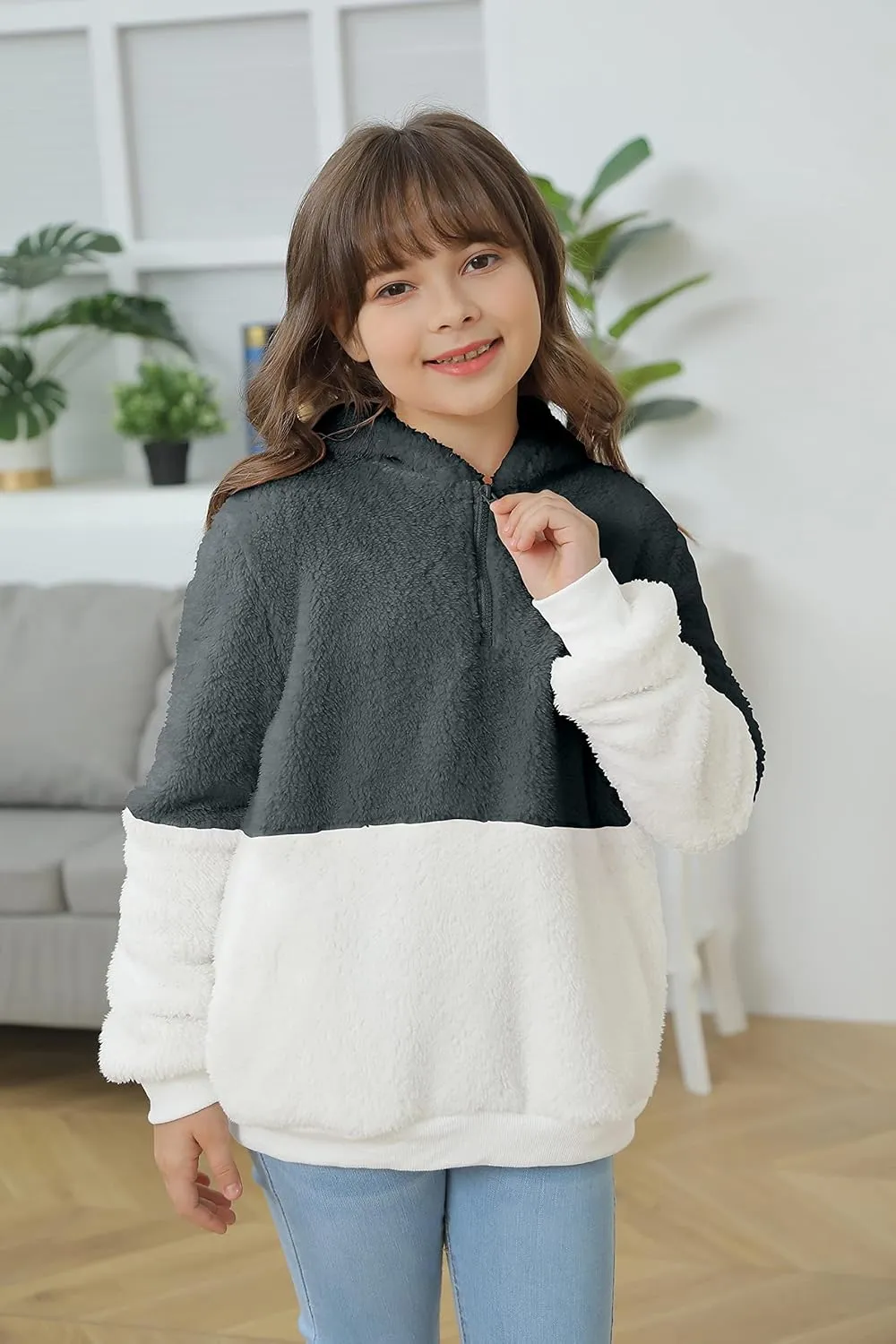 Haloumoning Girls Fuzzy Fleece Pullover Hoodies Sweatshirt Casual Loose Outwear Coat with Pockets 4-15 Years