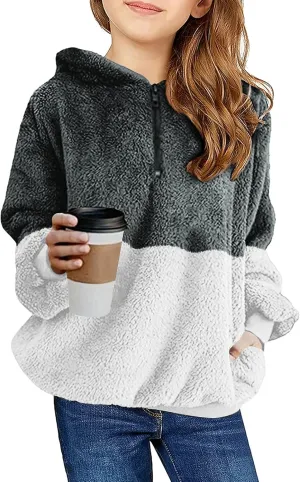 Haloumoning Girls Fuzzy Fleece Pullover Hoodies Sweatshirt Casual Loose Outwear Coat with Pockets 4-15 Years