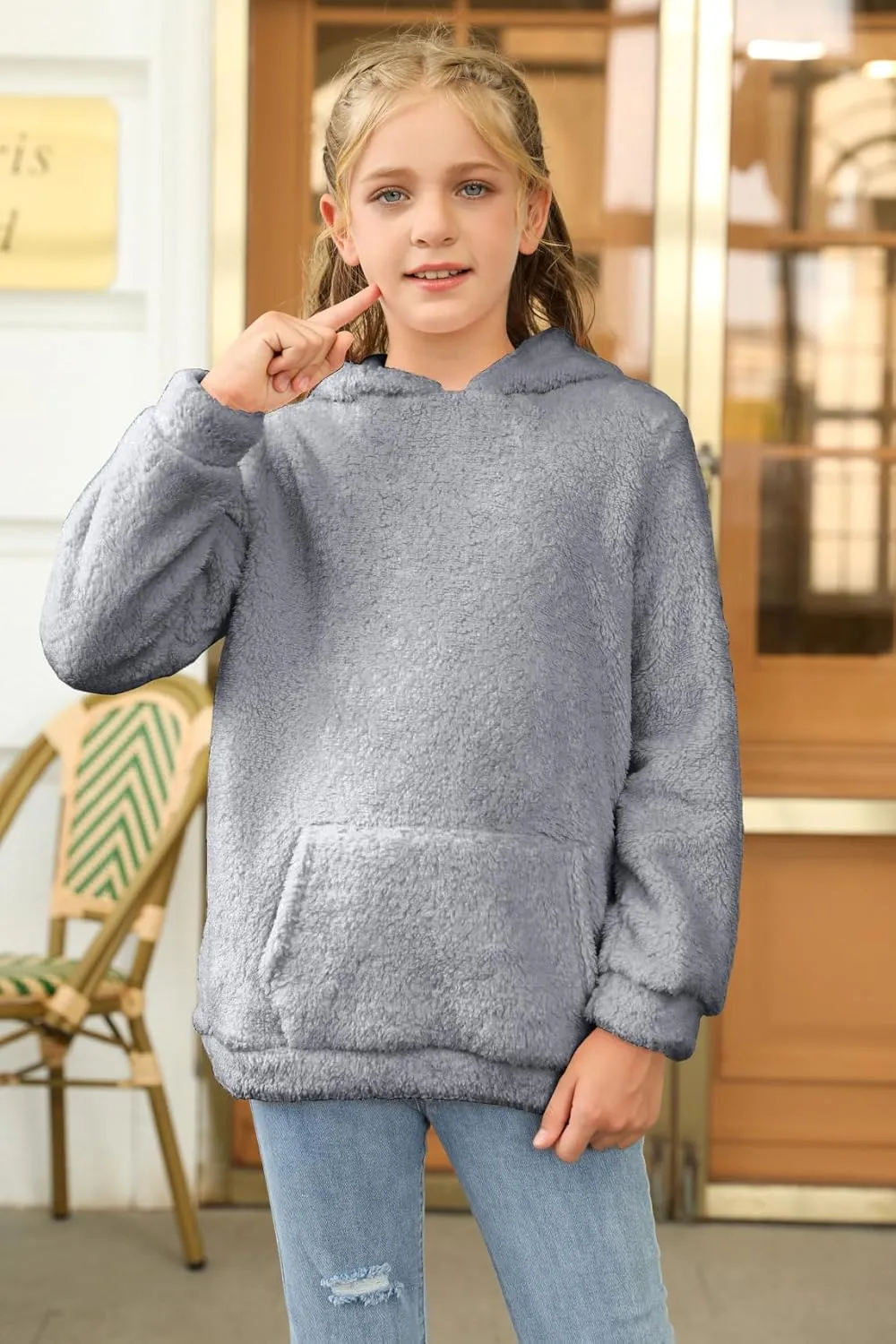 Haloumoning Girls Fuzzy Fleece Pullover Hoodies Sweatshirt Casual Loose Outwear Coat with Pockets 4-15 Years