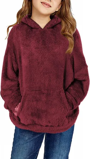 Haloumoning Girls Fuzzy Fleece Pullover Hoodies Sweatshirt Casual Loose Outwear Coat with Pockets 4-15 Years