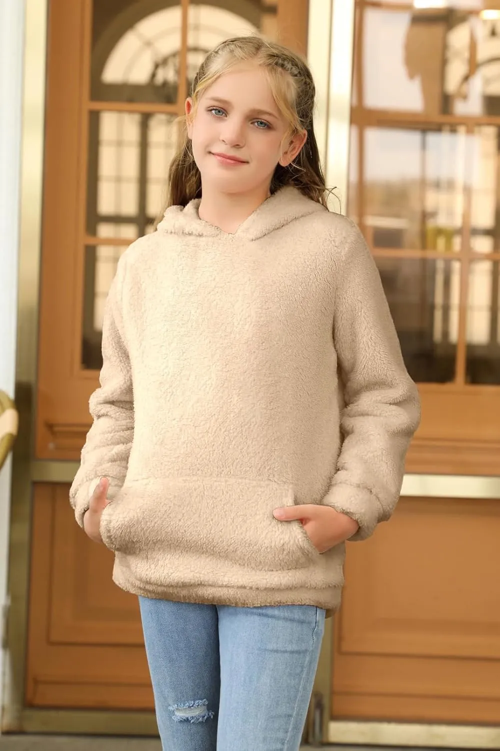 Haloumoning Girls Fuzzy Fleece Pullover Hoodies Sweatshirt Casual Loose Outwear Coat with Pockets 4-15 Years