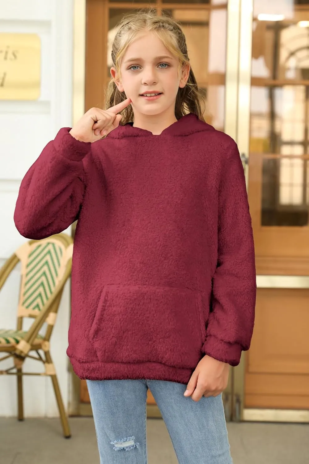 Haloumoning Girls Fuzzy Fleece Pullover Hoodies Sweatshirt Casual Loose Outwear Coat with Pockets 4-15 Years