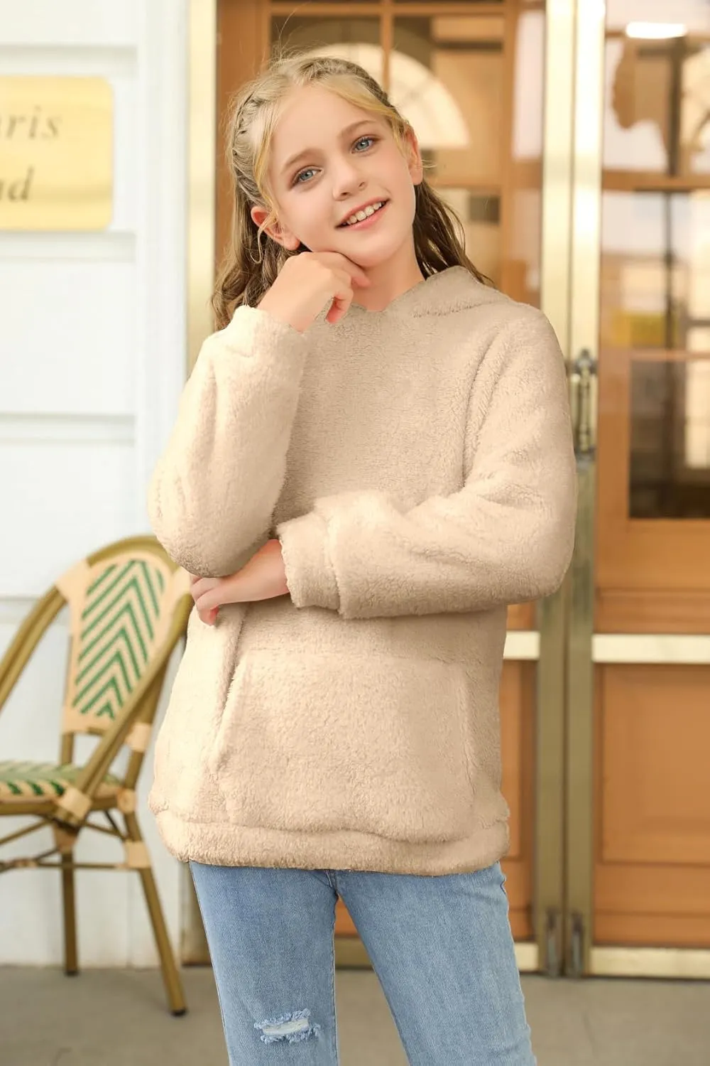 Haloumoning Girls Fuzzy Fleece Pullover Hoodies Sweatshirt Casual Loose Outwear Coat with Pockets 4-15 Years