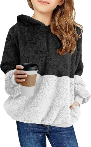 Haloumoning Girls Fuzzy Fleece Pullover Hoodies Sweatshirt Casual Loose Outwear Coat with Pockets 4-15 Years