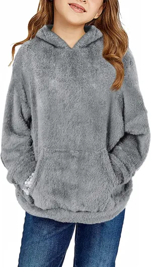 Haloumoning Girls Fuzzy Fleece Pullover Hoodies Sweatshirt Casual Loose Outwear Coat with Pockets 4-15 Years