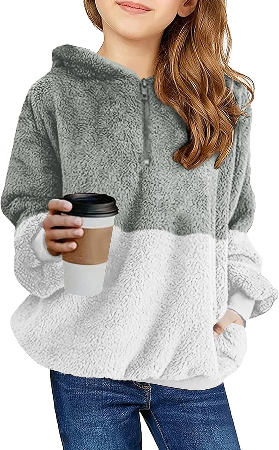 Haloumoning Girls Fuzzy Fleece Pullover Hoodies Sweatshirt Casual Loose Outwear Coat with Pockets 4-15 Years