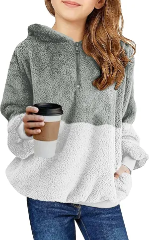 Haloumoning Girls Fuzzy Fleece Pullover Hoodies Sweatshirt Casual Loose Outwear Coat with Pockets 4-15 Years