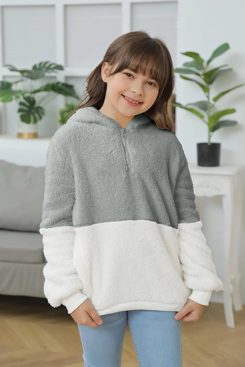 Haloumoning Girls Fuzzy Fleece Pullover Hoodies Sweatshirt Casual Loose Outwear Coat with Pockets 4-15 Years