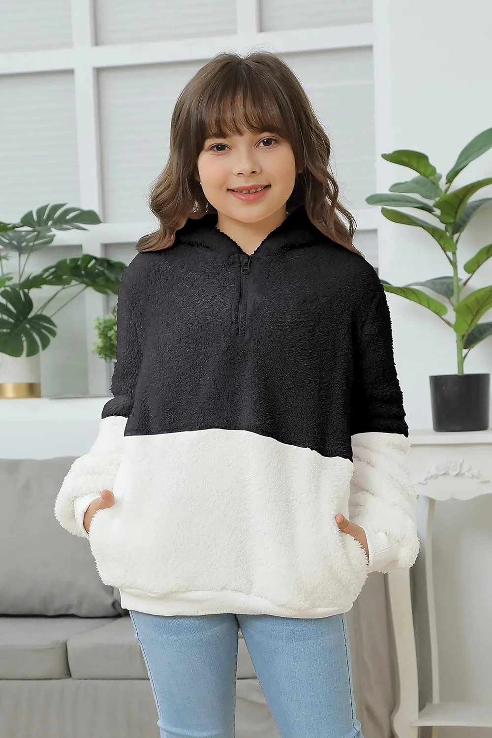 Haloumoning Girls Fuzzy Fleece Pullover Hoodies Sweatshirt Casual Loose Outwear Coat with Pockets 4-15 Years