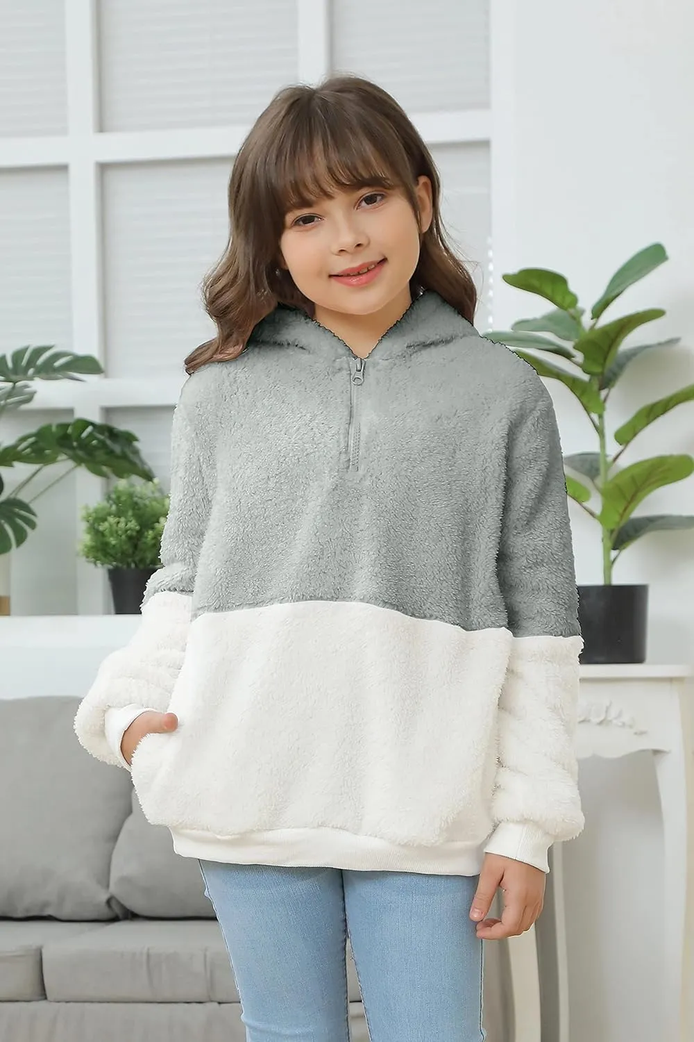 Haloumoning Girls Fuzzy Fleece Pullover Hoodies Sweatshirt Casual Loose Outwear Coat with Pockets 4-15 Years