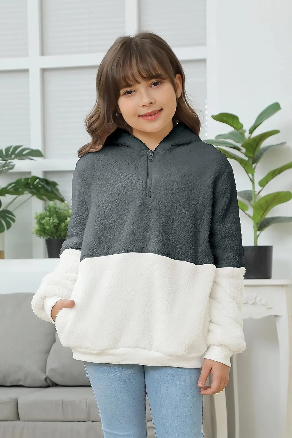 Haloumoning Girls Fuzzy Fleece Pullover Hoodies Sweatshirt Casual Loose Outwear Coat with Pockets 4-15 Years