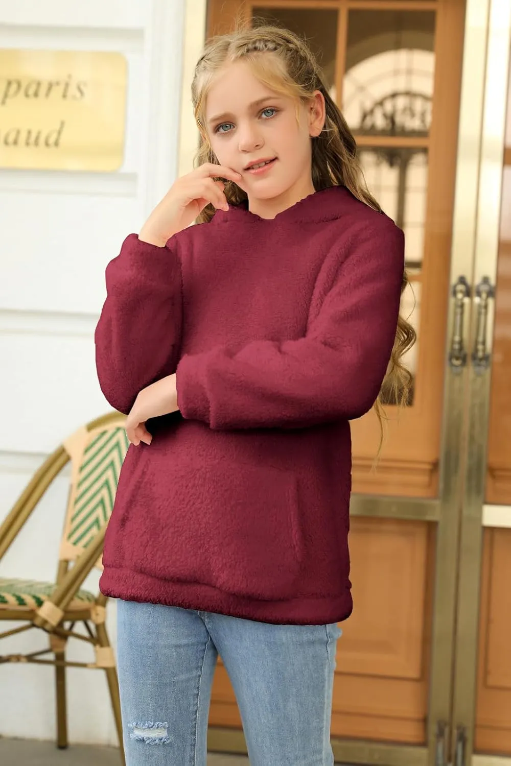 Haloumoning Girls Fuzzy Fleece Pullover Hoodies Sweatshirt Casual Loose Outwear Coat with Pockets 4-15 Years