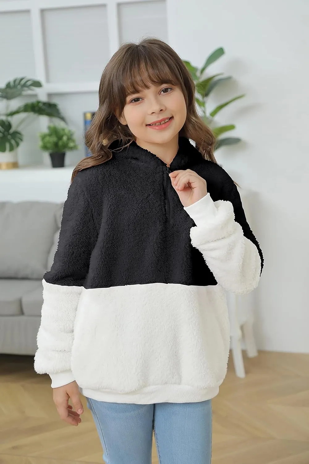 Haloumoning Girls Fuzzy Fleece Pullover Hoodies Sweatshirt Casual Loose Outwear Coat with Pockets 4-15 Years