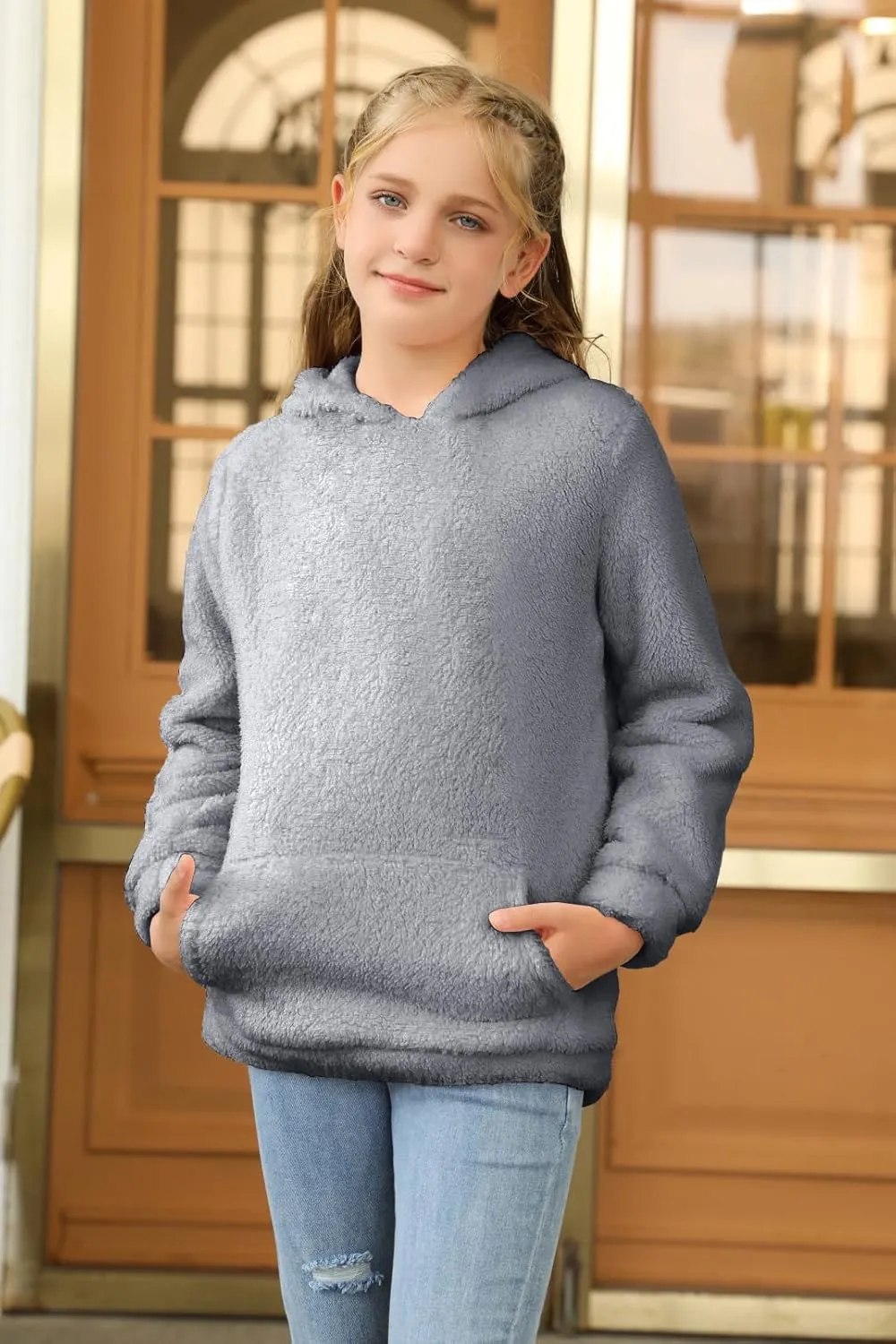 Haloumoning Girls Fuzzy Fleece Pullover Hoodies Sweatshirt Casual Loose Outwear Coat with Pockets 4-15 Years