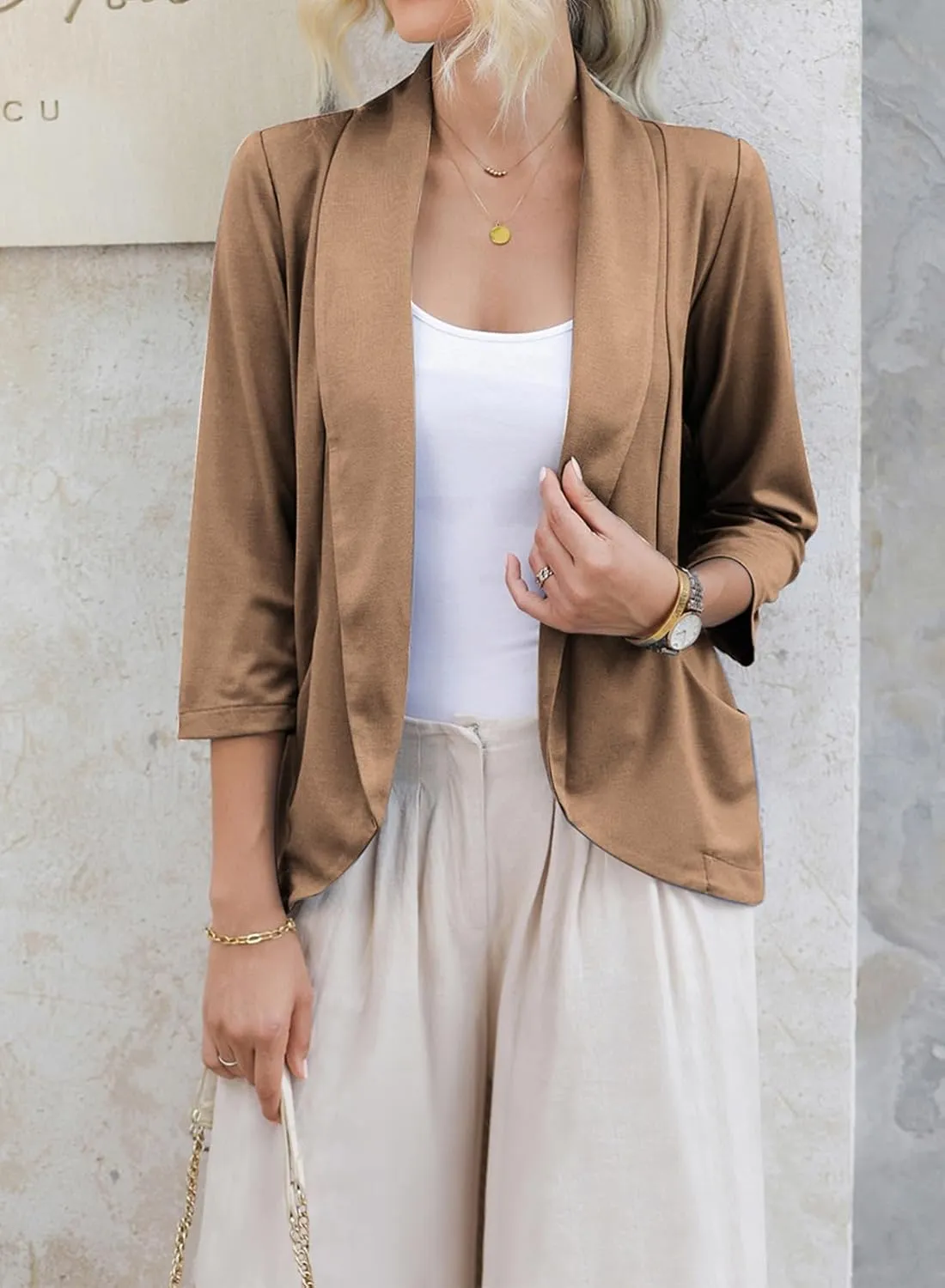 Happy Sailed Womens 3/4 Sleeve Blazers Lightweight Open Front Cardigan Jacket Office Work Suits