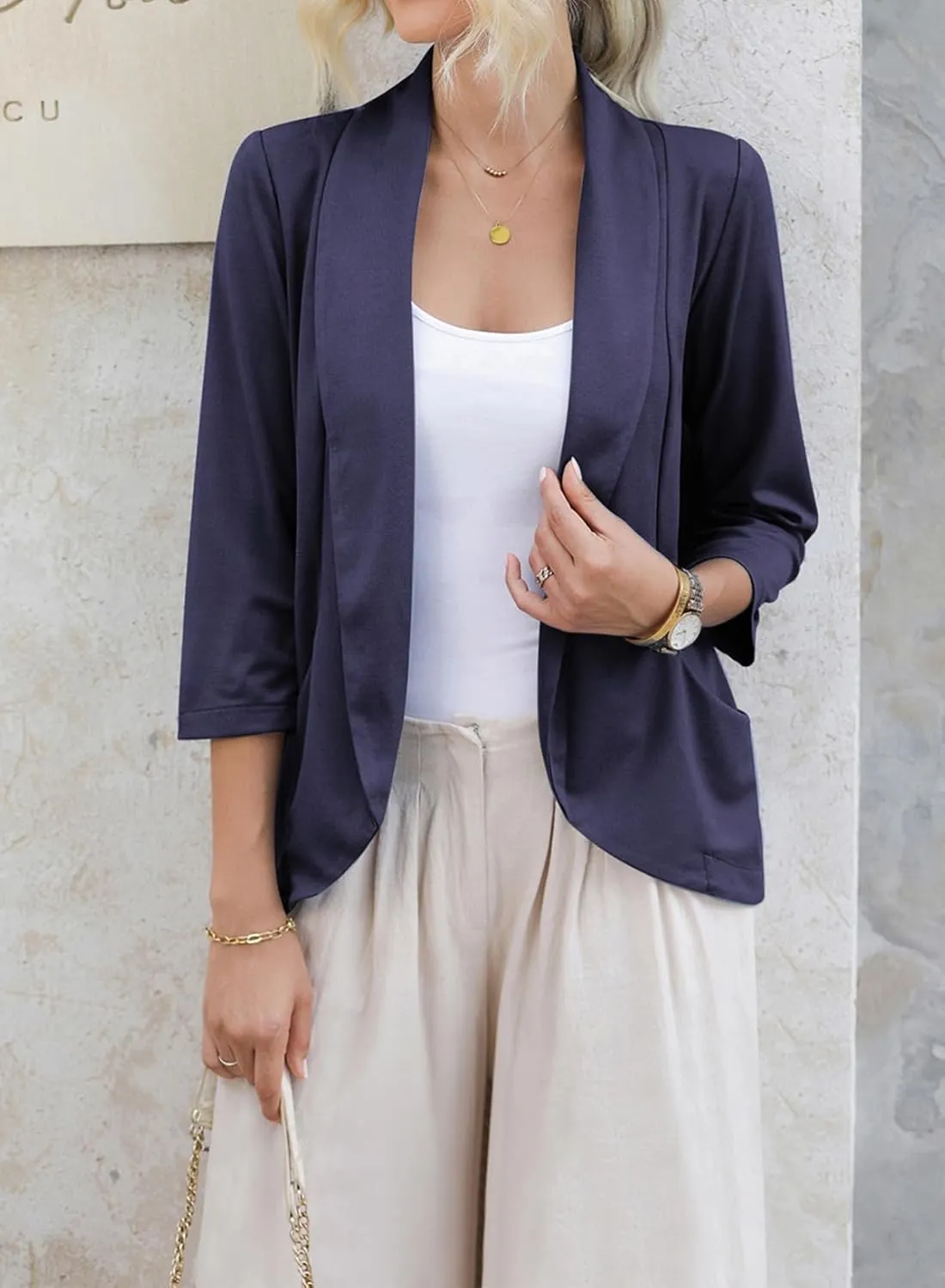 Happy Sailed Womens 3/4 Sleeve Blazers Lightweight Open Front Cardigan Jacket Office Work Suits