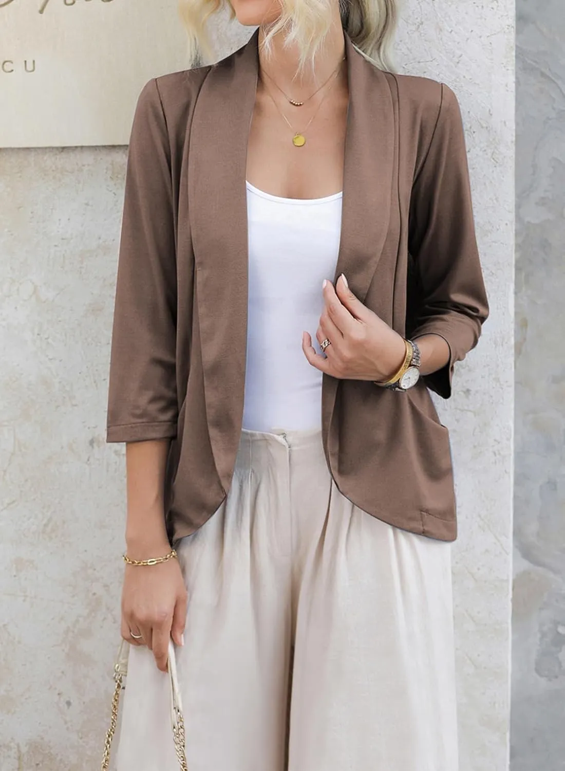 Happy Sailed Womens 3/4 Sleeve Blazers Lightweight Open Front Cardigan Jacket Office Work Suits