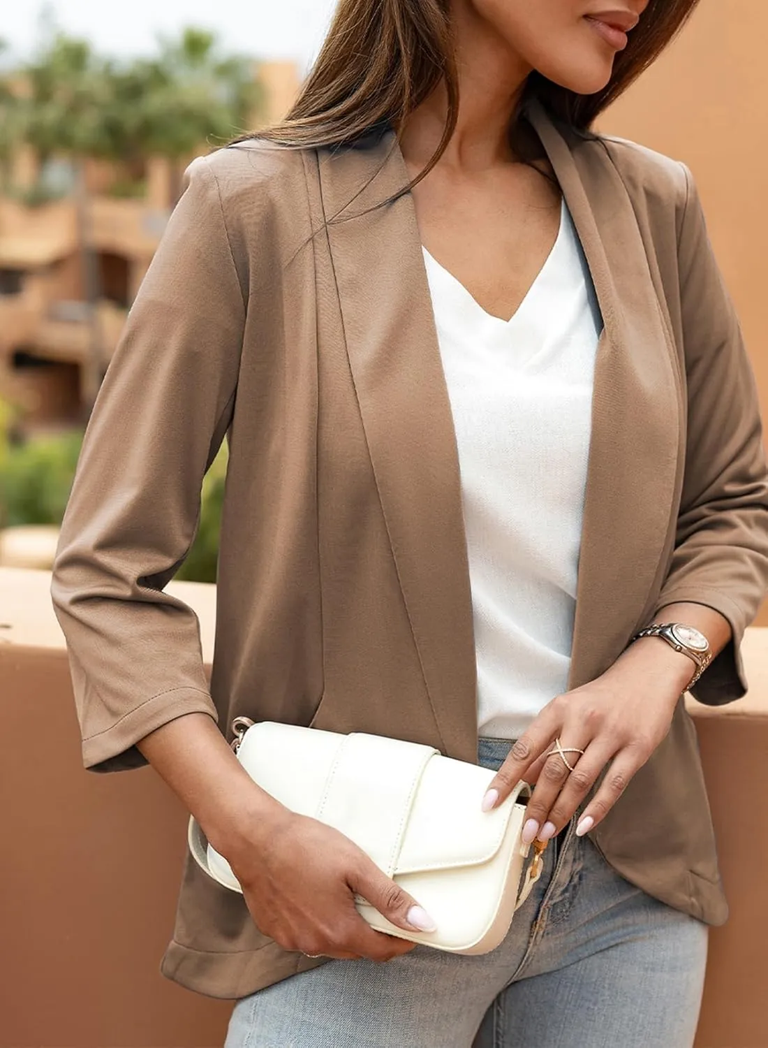 Happy Sailed Womens 3/4 Sleeve Blazers Lightweight Open Front Cardigan Jacket Office Work Suits