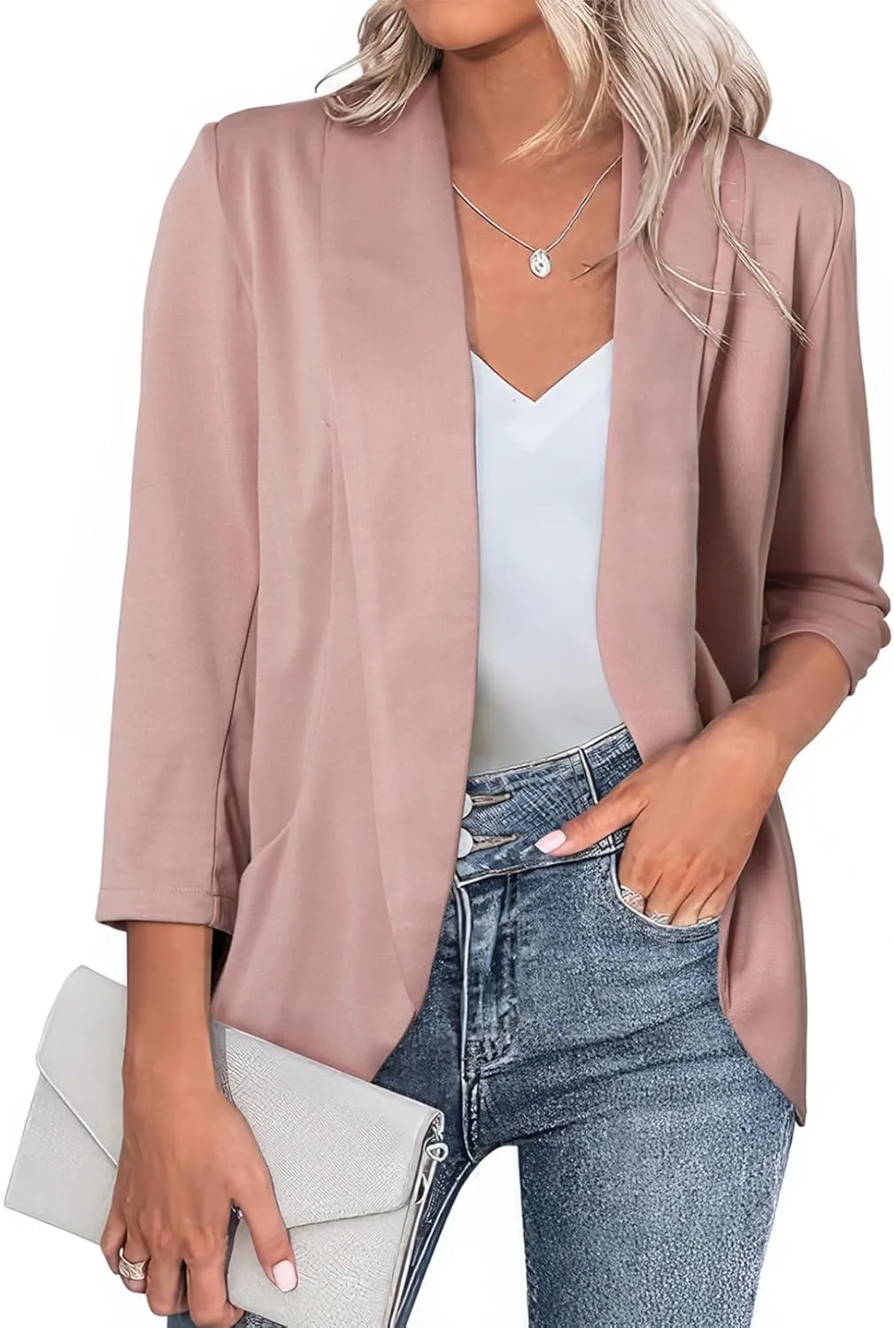 Happy Sailed Womens 3/4 Sleeve Blazers Lightweight Open Front Cardigan Jacket Office Work Suits