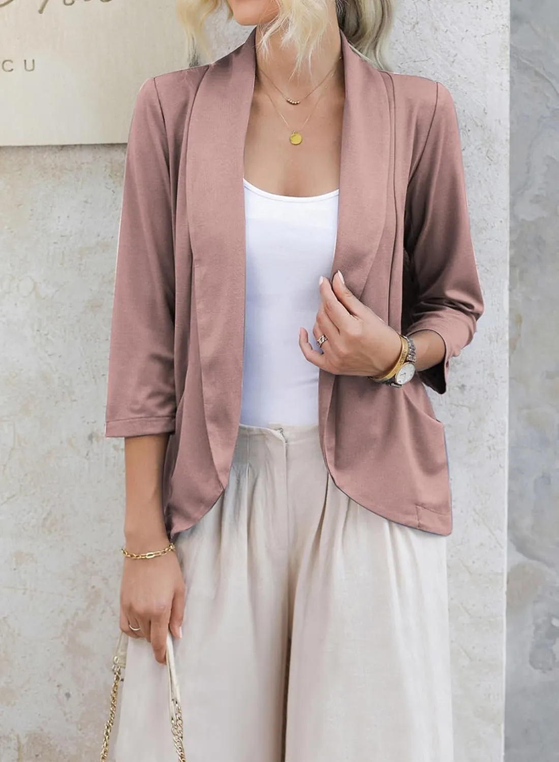 Happy Sailed Womens 3/4 Sleeve Blazers Lightweight Open Front Cardigan Jacket Office Work Suits