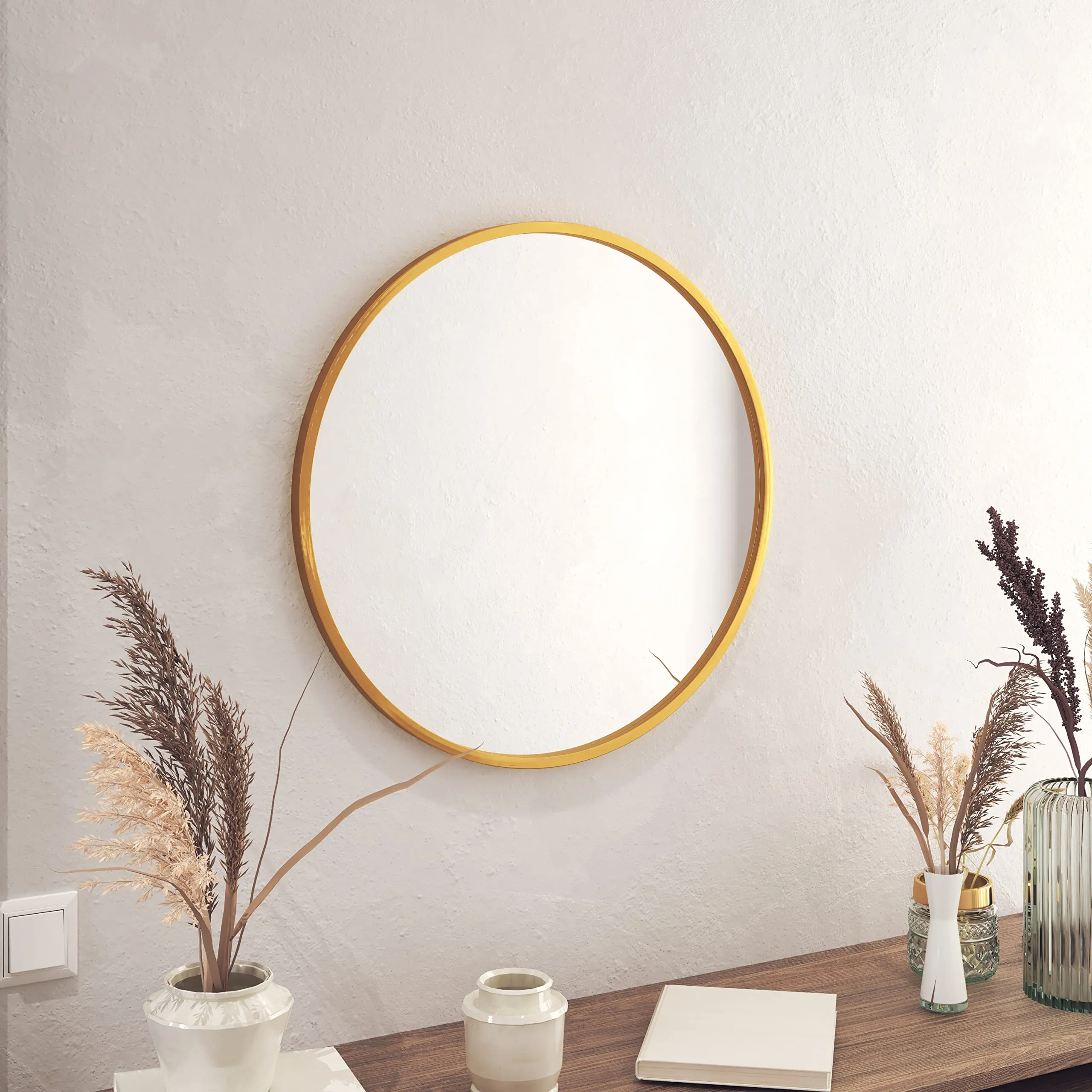 HBCY Creations Circle Wall Mirror Inch Round Wall Mirror for Entryways, Washrooms, Living Rooms and More (Gold, 24", framed)