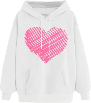 Heart Print Hoodies for Women Classic Valentine's Day Long Sleeve Sweatshirt Oversized Drawstring Pullover Pockets