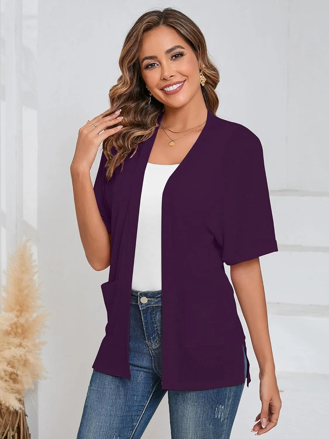Heymoments Women's Lightweight Open Front Cardigans Short Sleeve Casual Soft Knit Cardigan Sweaters with Pocket S-2XL