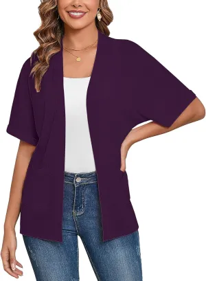 Heymoments Women's Lightweight Open Front Cardigans Short Sleeve Casual Soft Knit Cardigan Sweaters with Pocket S-2XL