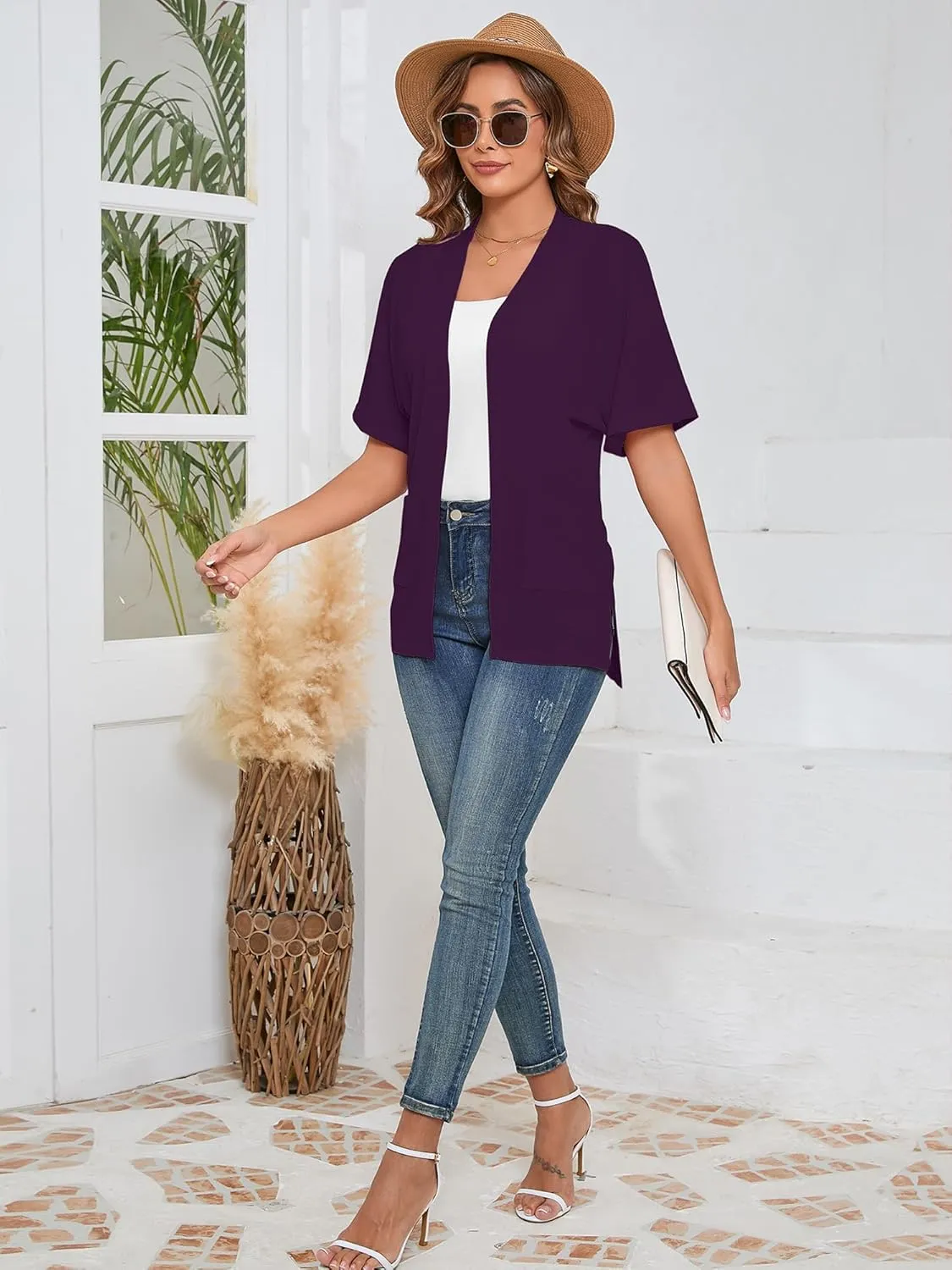 Heymoments Women's Lightweight Open Front Cardigans Short Sleeve Casual Soft Knit Cardigan Sweaters with Pocket S-2XL