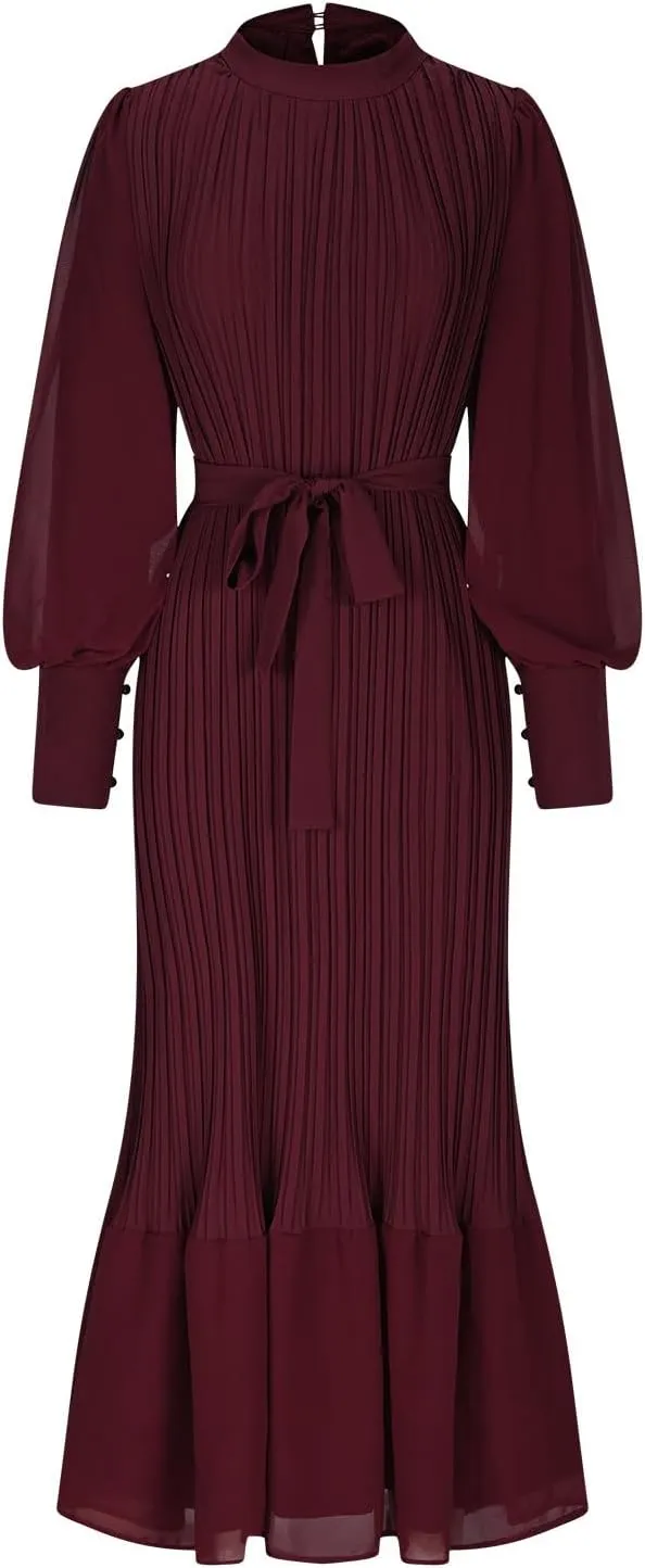 HGps8w Women's Lantern Long Sleeve Pleated Dress, Elegant Empire Waist Cocktail Party Wedding Guest Midi Dresses