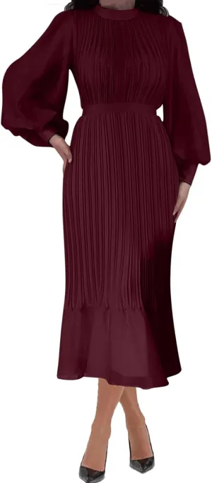HGps8w Women's Lantern Long Sleeve Pleated Dress, Elegant Empire Waist Cocktail Party Wedding Guest Midi Dresses