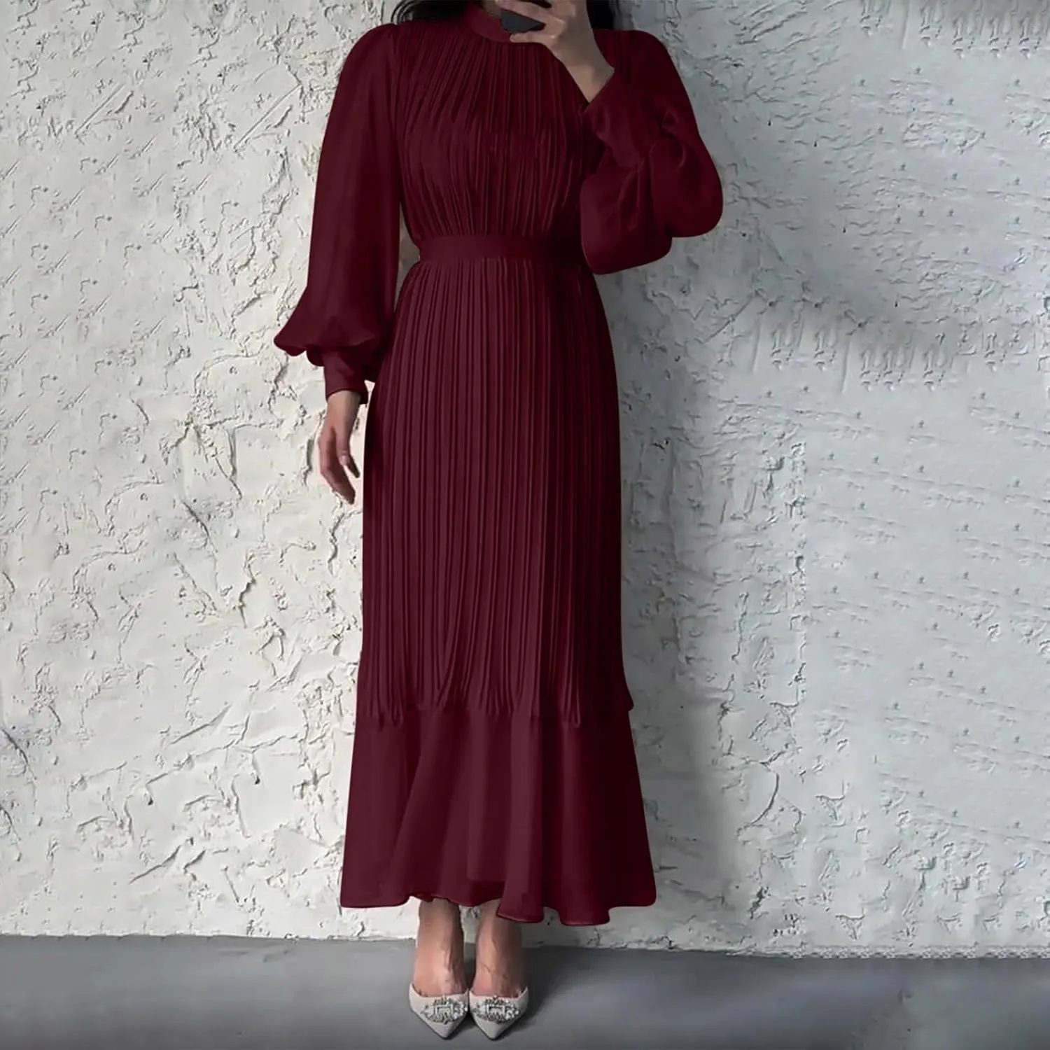 HGps8w Women's Lantern Long Sleeve Pleated Dress, Elegant Empire Waist Cocktail Party Wedding Guest Midi Dresses