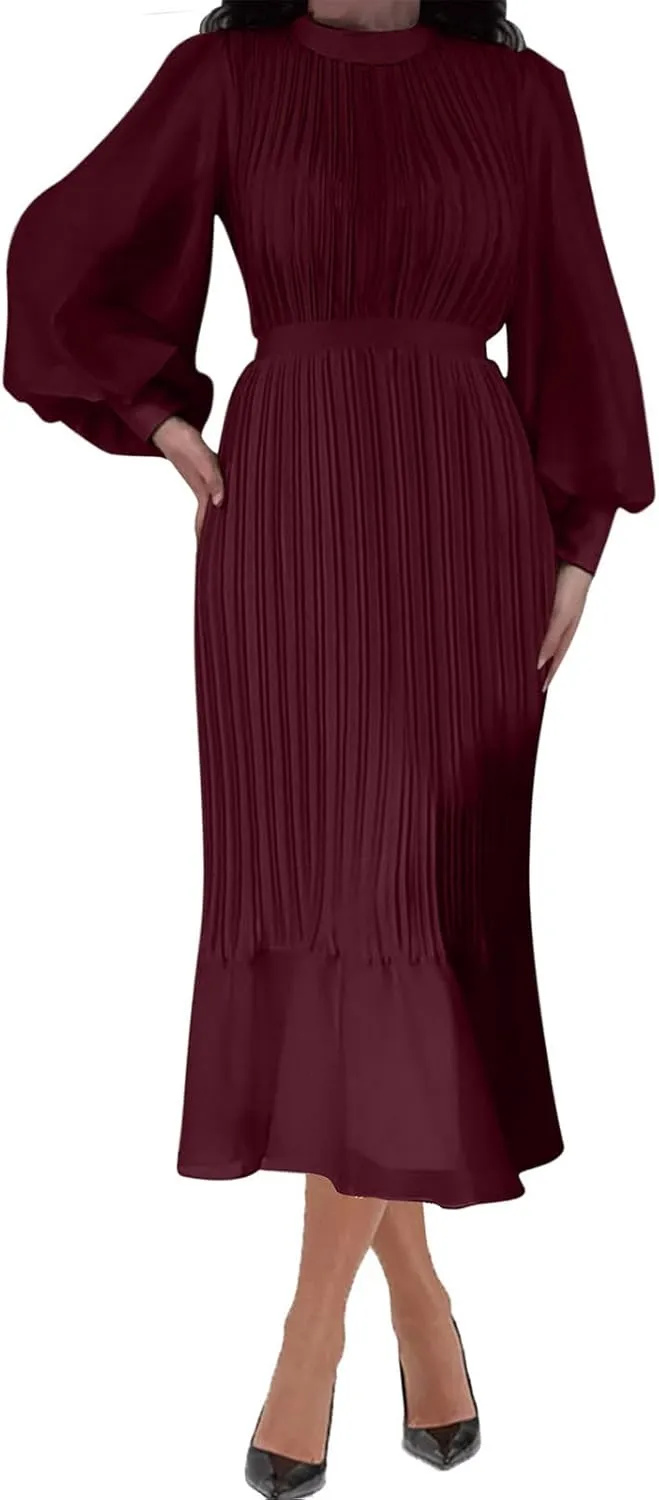 HGps8w Women's Lantern Long Sleeve Pleated Dress, Elegant Empire Waist Cocktail Party Wedding Guest Midi Dresses