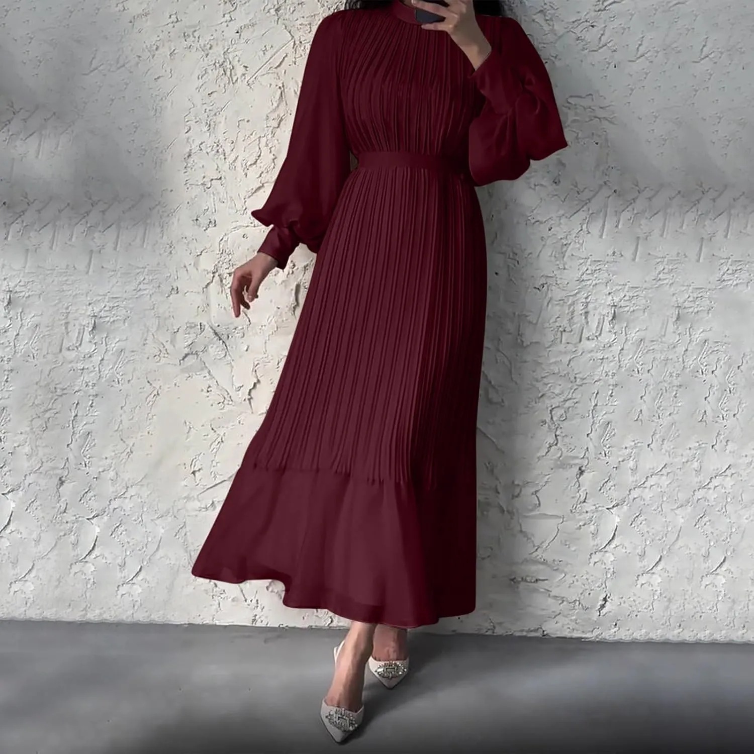 HGps8w Women's Lantern Long Sleeve Pleated Dress, Elegant Empire Waist Cocktail Party Wedding Guest Midi Dresses