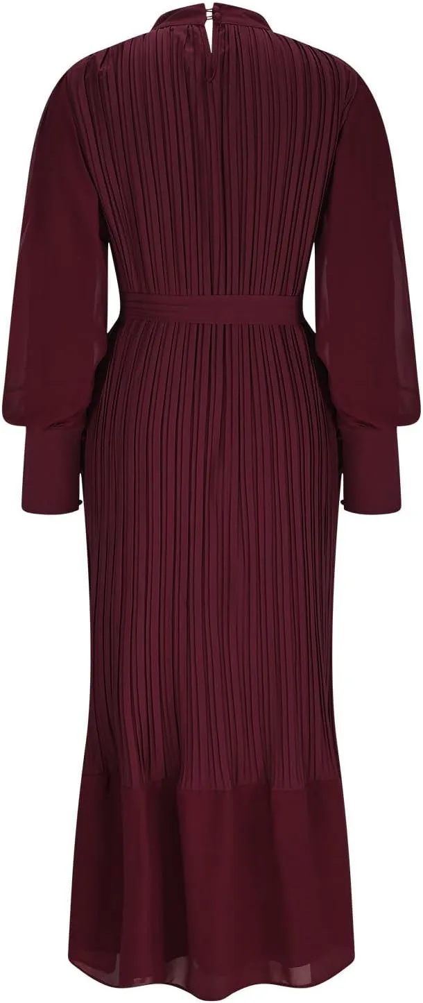 HGps8w Women's Lantern Long Sleeve Pleated Dress, Elegant Empire Waist Cocktail Party Wedding Guest Midi Dresses